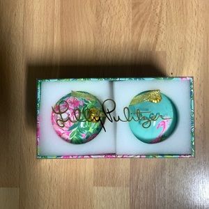 Lilly Pulitzer Christmas ornaments it in a gift box.